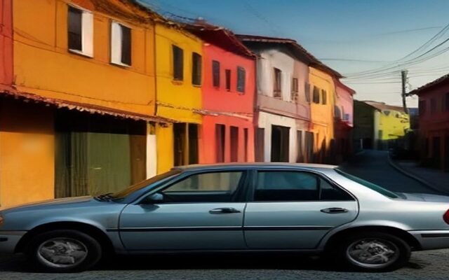 Sedán plateado estacionado en una calle empedrada con casas de colores al atardecer, sin placas ni marcas visibles