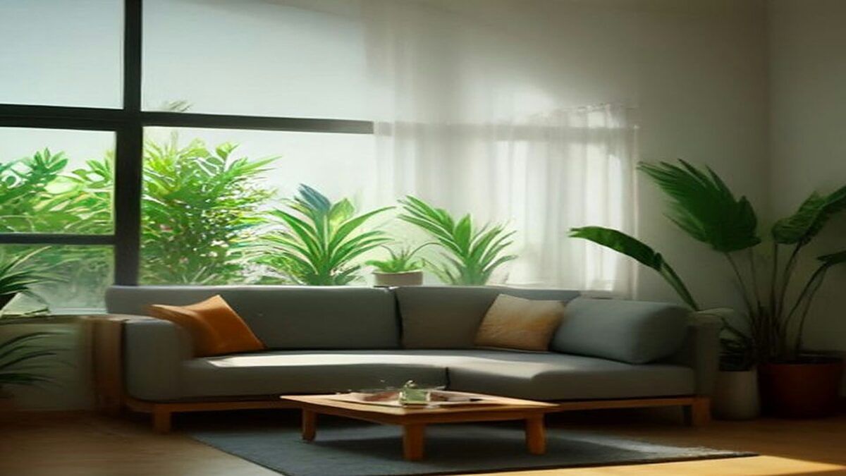 Sala luminosa y vacía con sillón gris, cojines, mesa de centro de madera y plantas junto a un ventanal, ilustración de un hogar protegido
