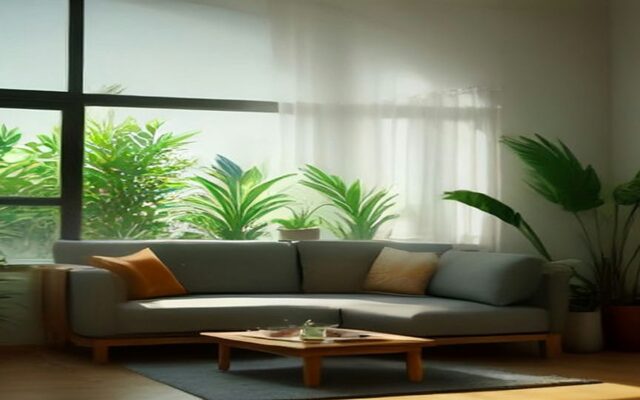 Sala luminosa y vacía con sillón gris, cojines, mesa de centro de madera y plantas junto a un ventanal, ilustración de un hogar protegido