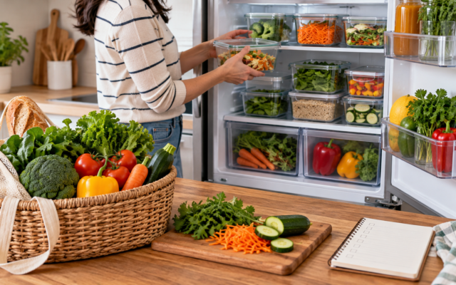 Lista de compras y alimentos organizados en una cocina para planear el gasto y reducir desperdicios.