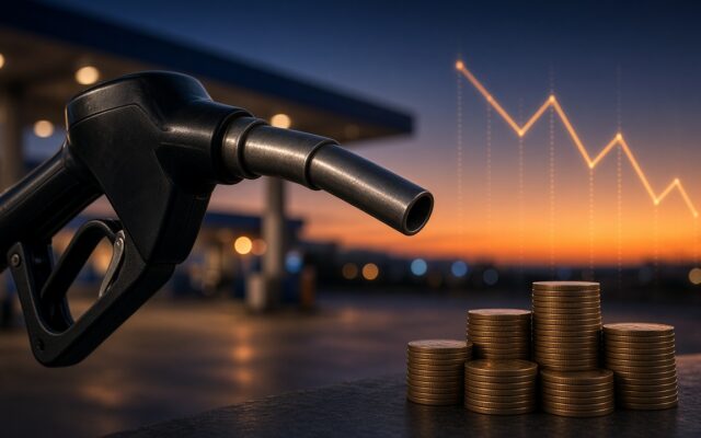 Pistola de gasolina en una estación al atardecer junto a pilas de monedas y una gráfica de precios, ilustración sobre el IEPS a gasolinas