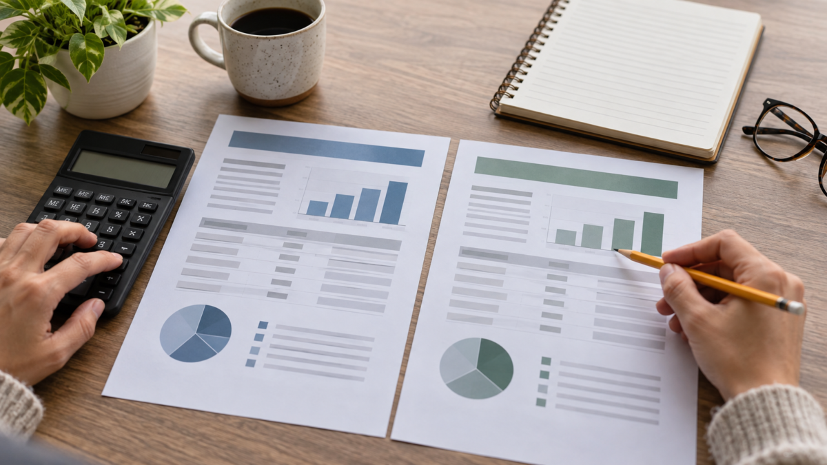 Persona comparando dos ofertas de crédito con calculadora y una tabla de costos sobre un escritorio