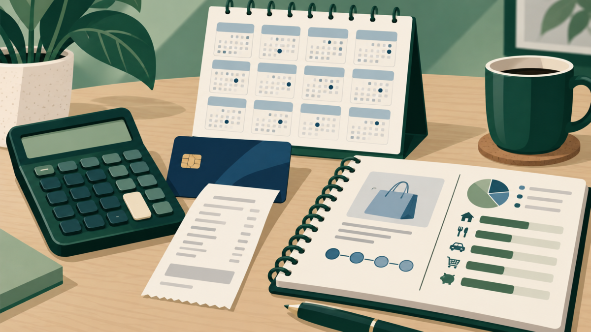 Calculadora, tarjeta, calendario y libreta de presupuesto sobre una mesa