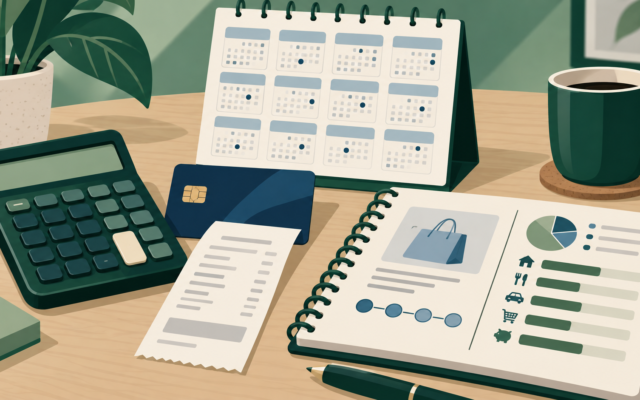 Calculadora, tarjeta, calendario y libreta de presupuesto sobre una mesa
